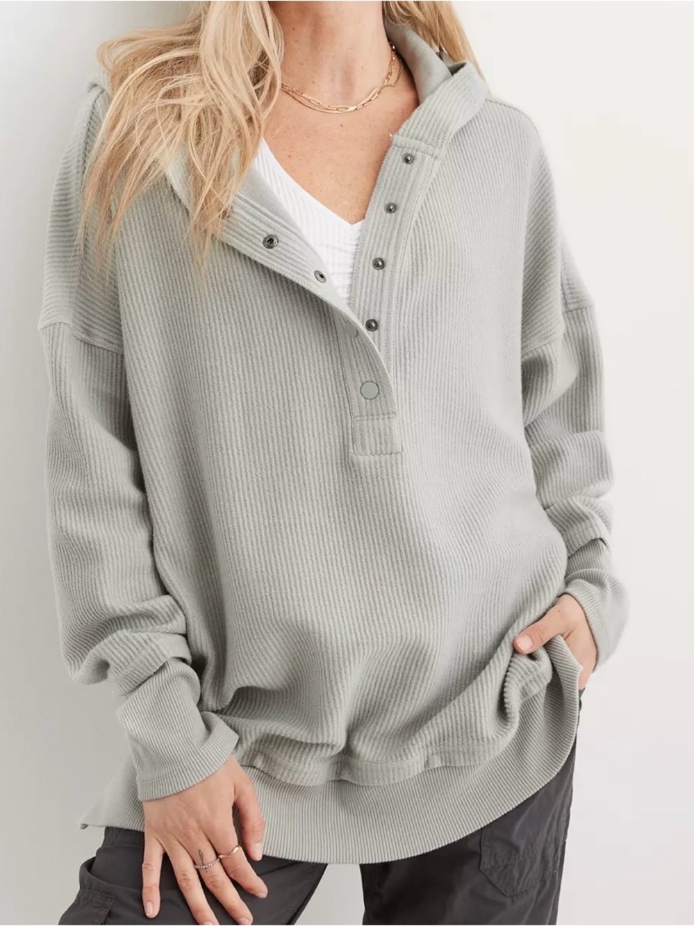 Aerie Textured Ribbed Henley V-Neck Pullover Hoodie Light Sage oversized M